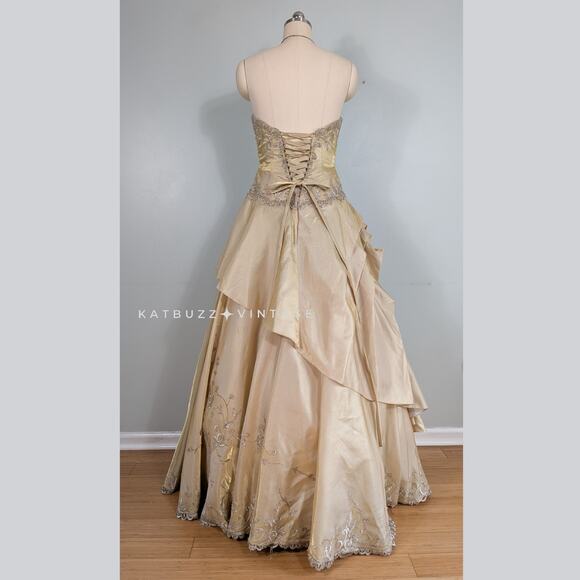 Princess Prom Dress Maxi Ball Gown 10 Yellow Fairy Y2K Beaded Glam Belle Lace - Picture 4 of 16